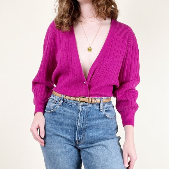 Vintage Lambswool & Angora Hair Ribbed Knit Cardigan Sweater Puffed Poof Sleeves - Picture 4 of 7